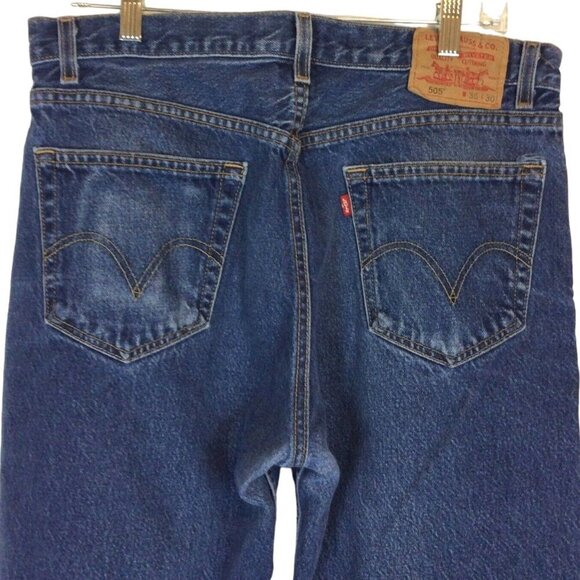 Levis 505 Mens Regular Fit Jeans 36x30 Medium Blue Distressed Denim USA - Picture 1 of 12